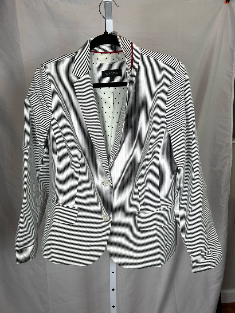 Talbots Black and White Pinstripe Blazer with Polka Dot Lining